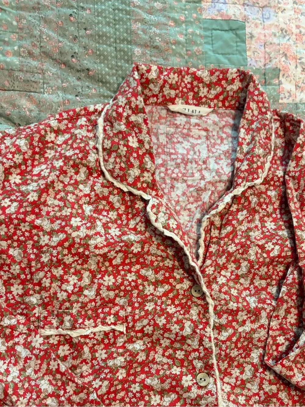Floral Red Women’s Pajama Set with Lace Trim